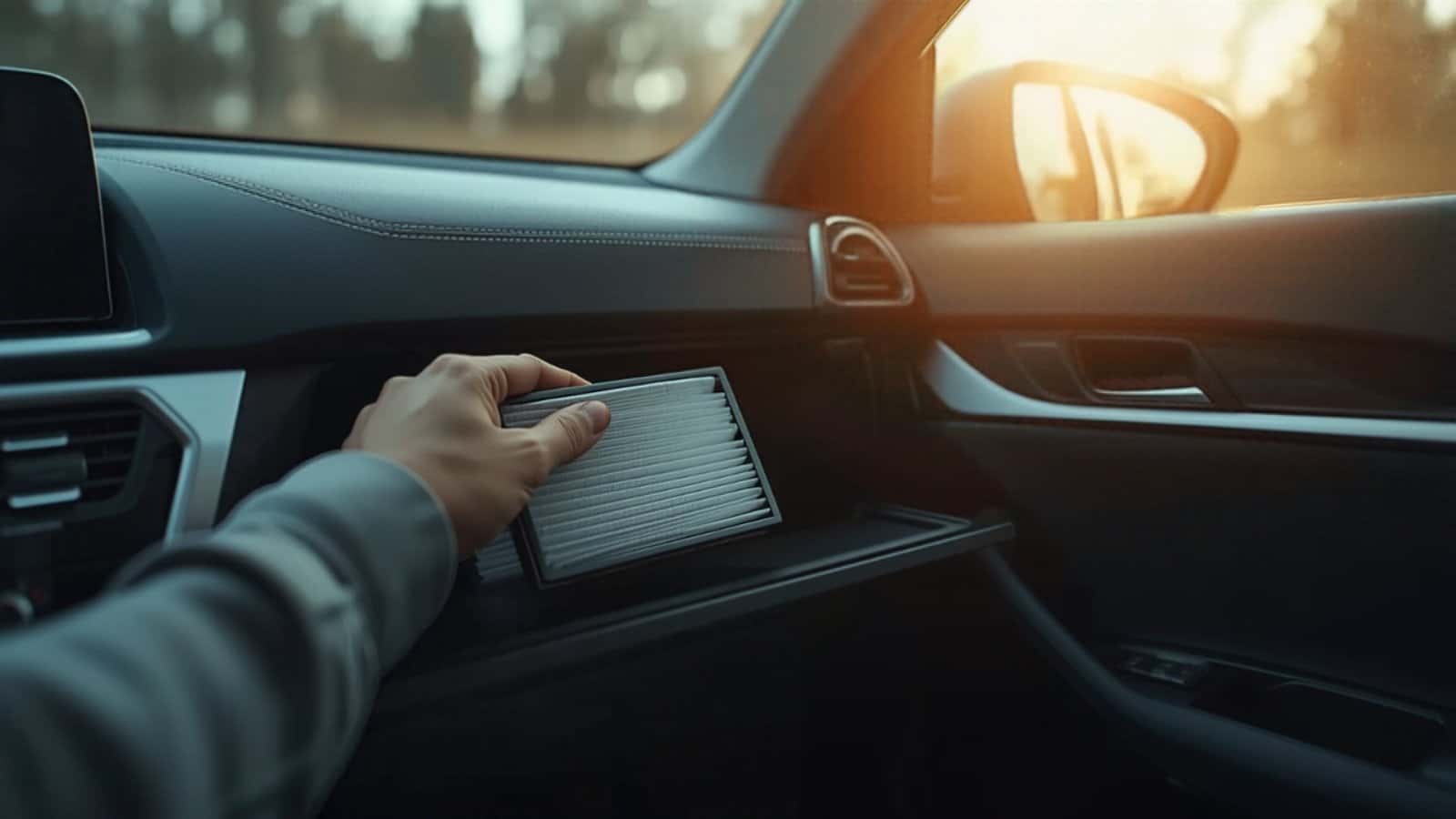 Hand replacing a cabin air filter behind the glove compartment of a car