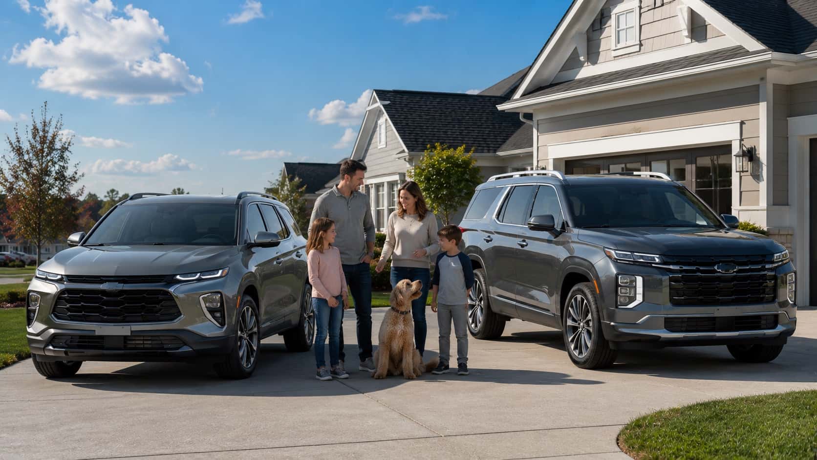 2026 Chevy Equinox and Traverse parked side by side with a family in Plainfield, Illinois at Webb Chevy Plainfield