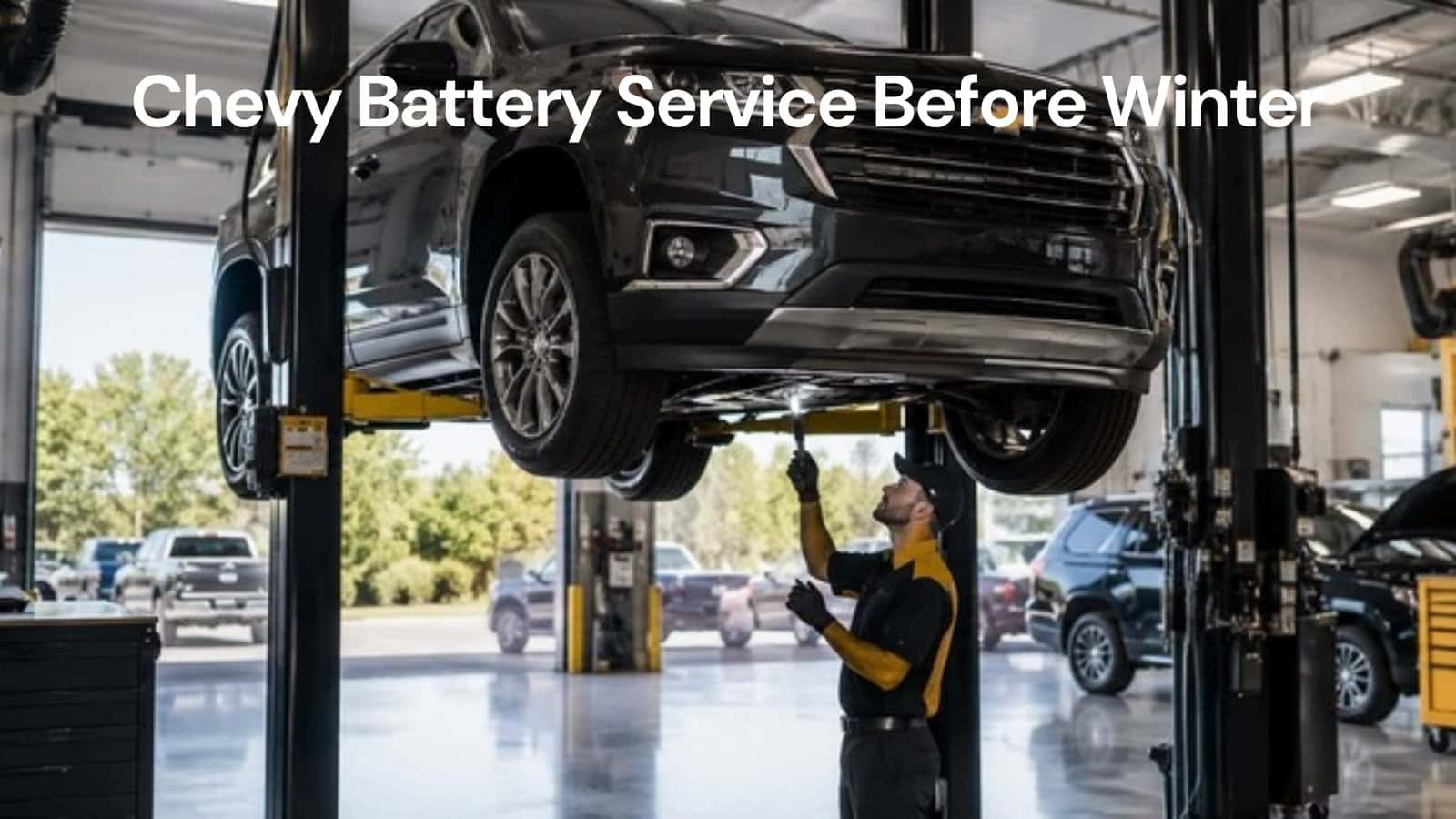 Technician testing a Chevrolet battery before winter at Webb Chevy Plainfield in Plainfield, Illinois