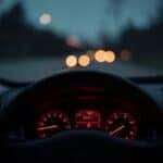 Glowing red dashboard warning lights on a car at dusk