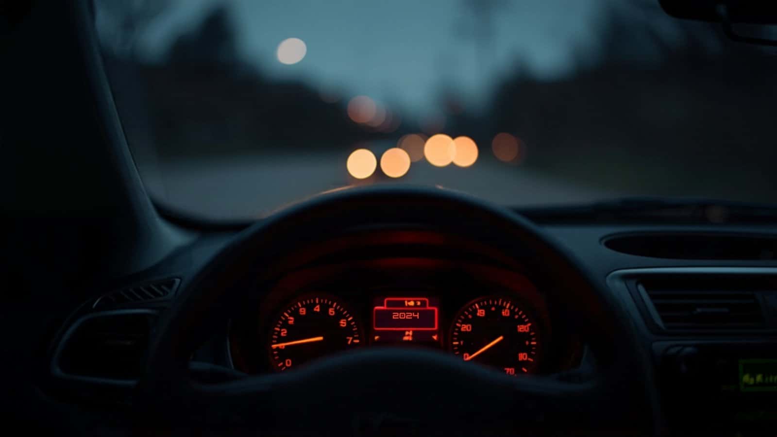 Glowing red dashboard warning lights on a car at dusk