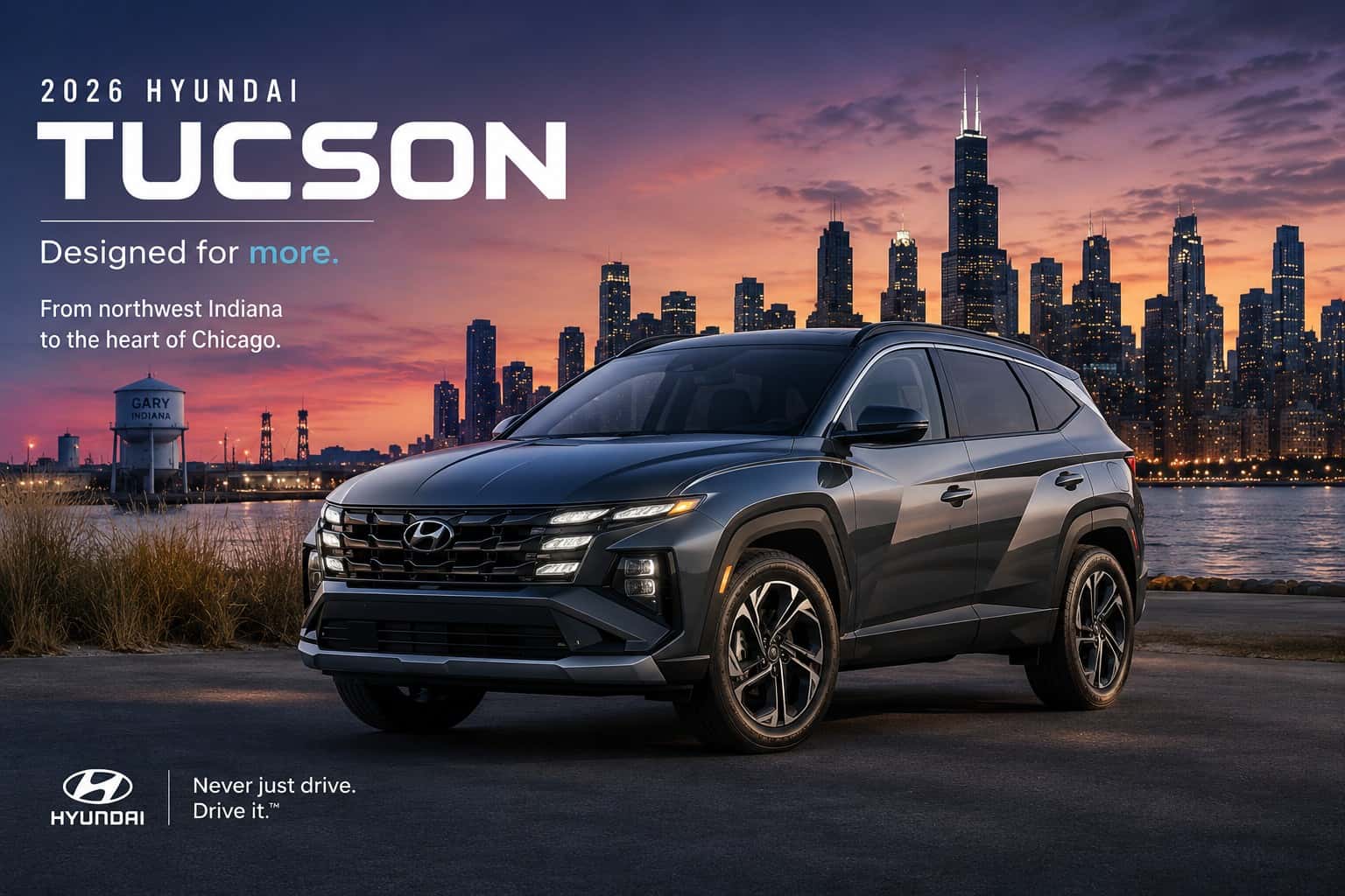 2026 Hyundai Tucson with Gary Indiana water tower and Chicago skyline at sunset at Webb Hyundai Highland