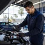 Hyundai 12-volt battery service at Webb Hyundai Highland — technician testing a battery in the service bay, Highland, IN