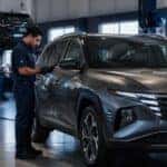 Hyundai technician performing summer maintenance service at Webb Hyundai Highland in Highland, IN