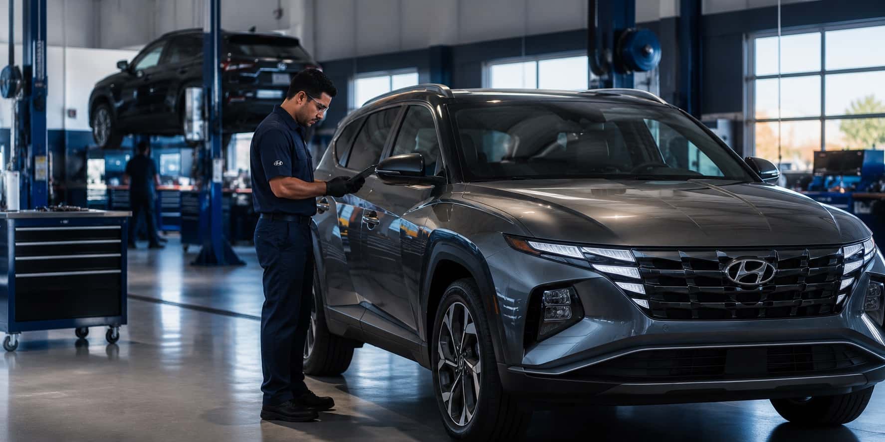Hyundai technician performing service at Webb Hyundai Highland in Highland, IN