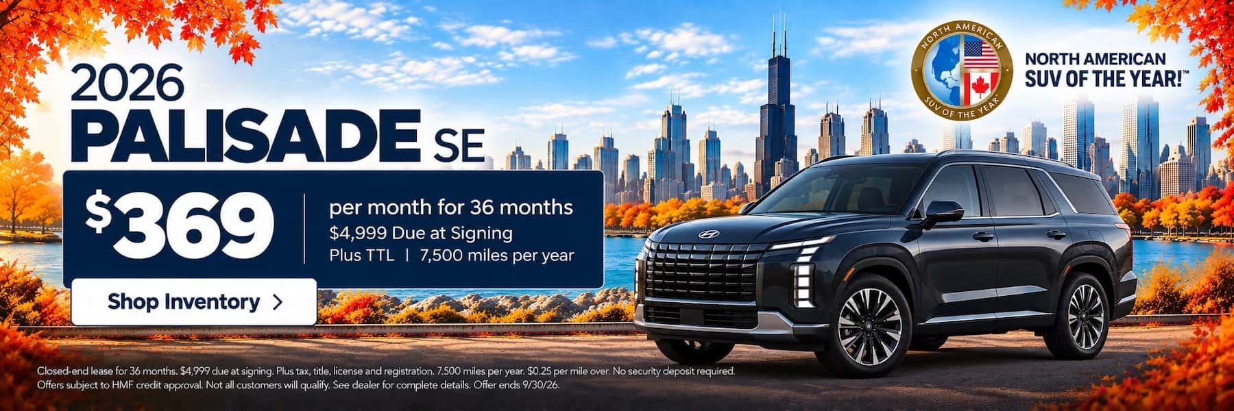 2026 Hyundai Palisade SE homepage banner - $369 per month for 36 months, North American SUV of the Year
