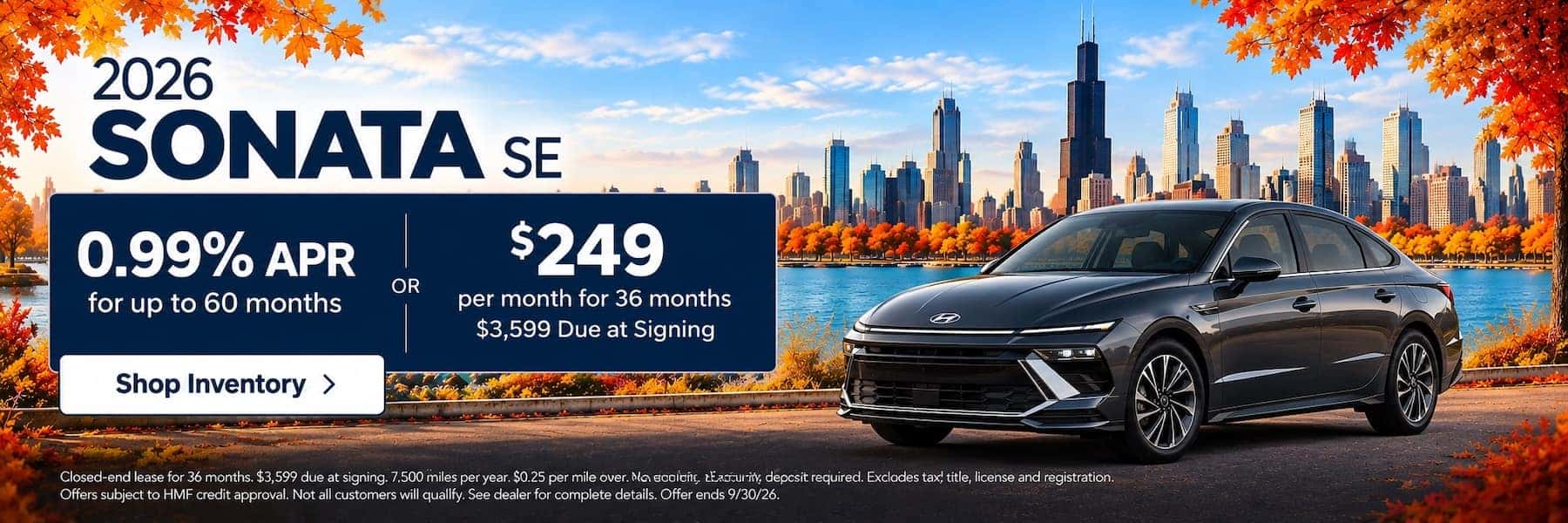 2026 Hyundai Sonata SE homepage banner - 0.99% APR for up to 60 months or $249 per month for 36 months