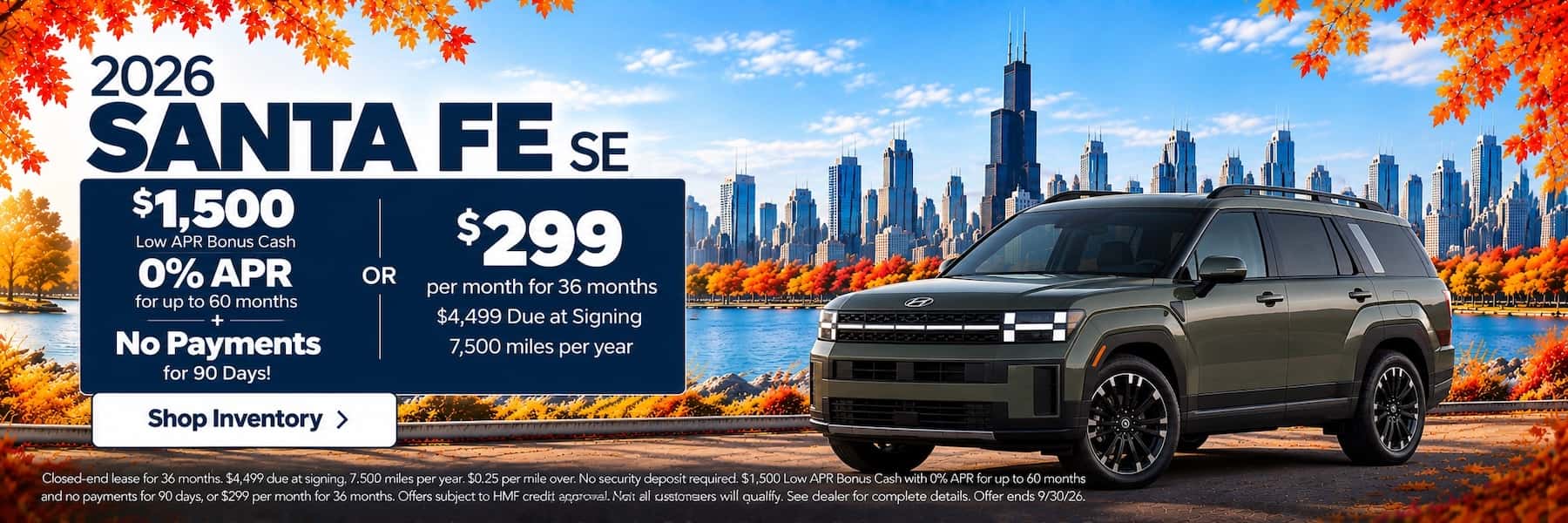 2026 Hyundai Santa Fe SE homepage banner - $299 per month for 36 months or $1,500 bonus cash