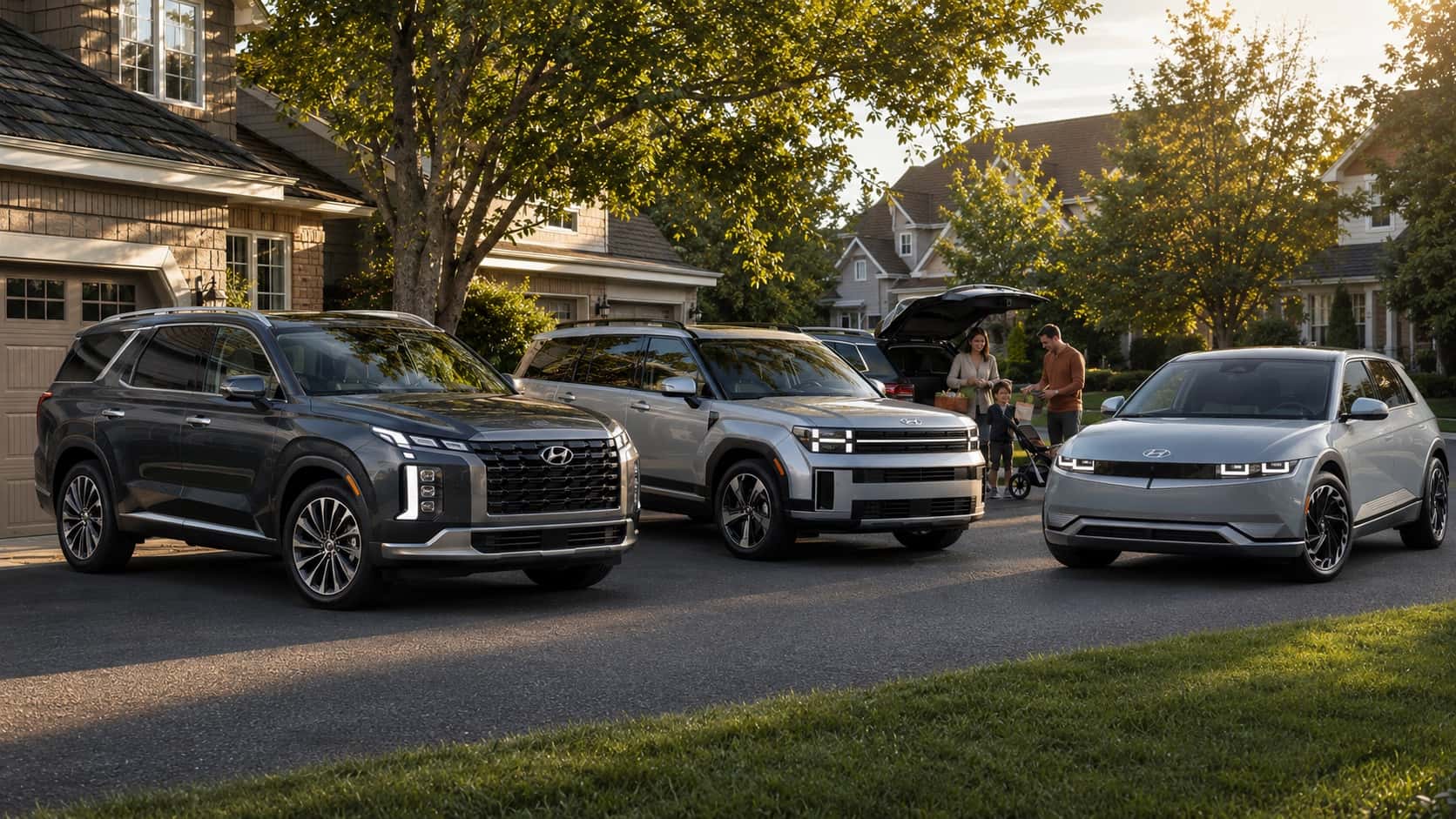 2026 Hyundai Palisade, Santa Fe, and IONIQ 5 at a Merrillville, Indiana park — Kelley Blue Book 2026 Best Family Cars at Webb Hyundai Merrillville