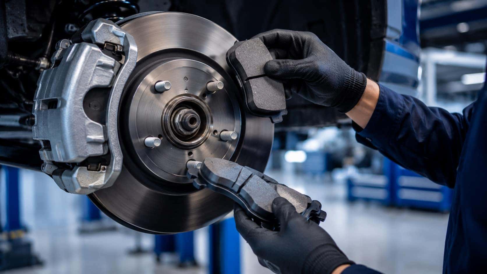 Hyundai brake service at Webb Hyundai Merrillville — technician inspecting brake pads and rotor in the service center