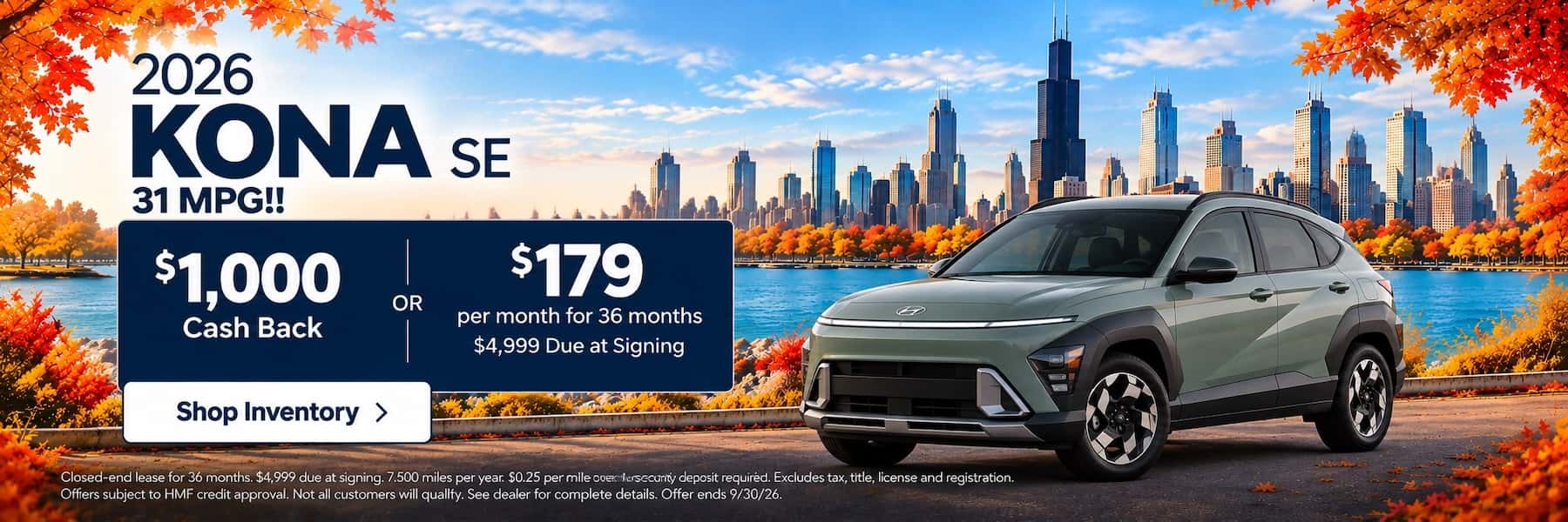 2026 Hyundai Kona SE homepage banner: 31 MPG, $1,000 cash back or $179 per month for 36 months, $4,999 due at signing