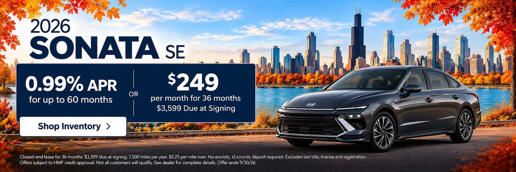 2026 Hyundai Sonata SE homepage banner: 0.99% APR for up to 60 months or $249 per month for 36 months, $3,599 due at signing