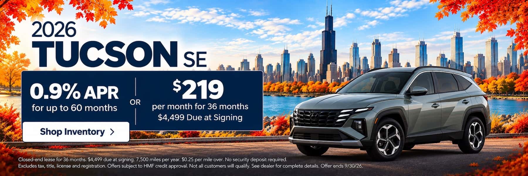 2026 Hyundai Tucson SE homepage banner: 0.9% APR for up to 60 months or $219 per month for 36 months, $4,499 due at signing