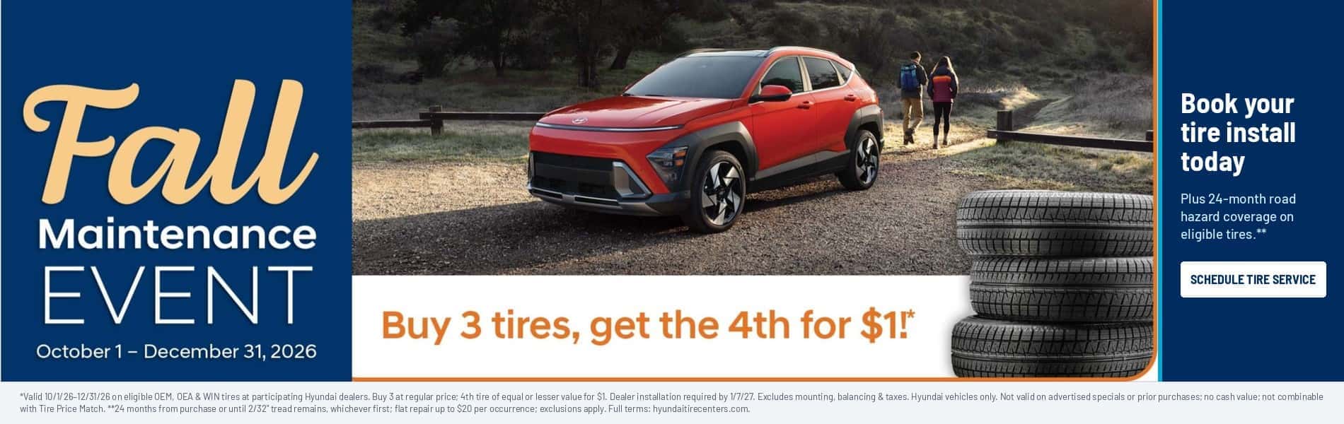 Hyundai Fall Maintenance Event at Webb Hyundai Merrillville: buy 3 tires, get the 4th for $1, October 1 to December 31, 2026. Schedule tire service.