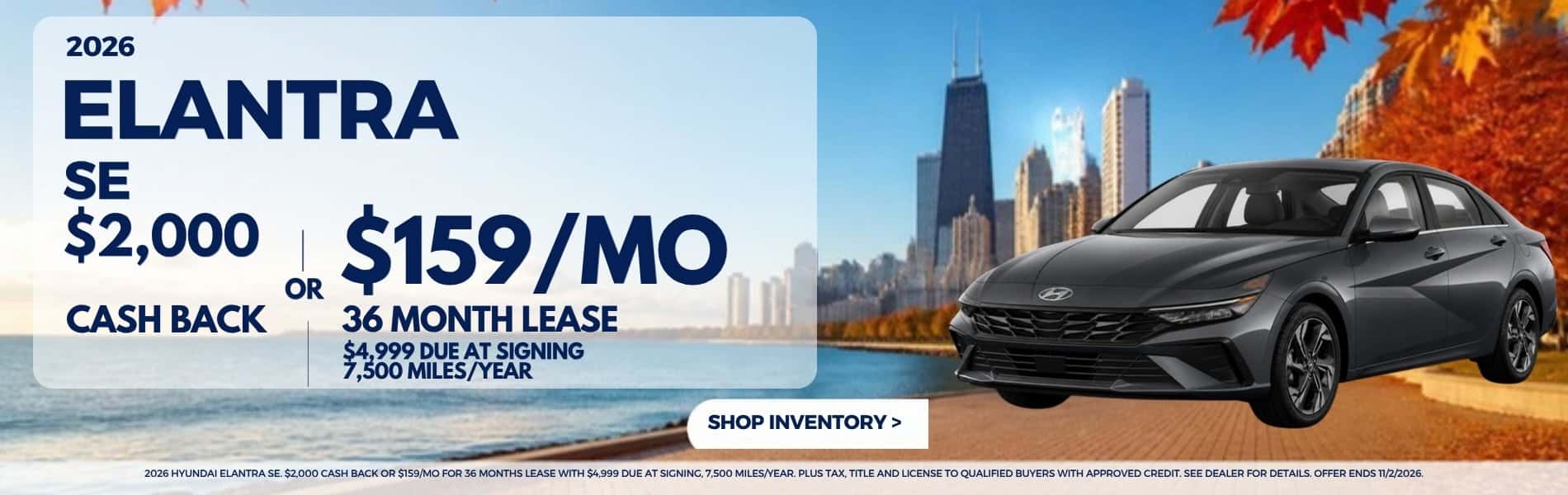 2026 Hyundai Elantra SE - $2,000 cash back or $159/mo for 36 months lease at Webb Hyundai Merrillville