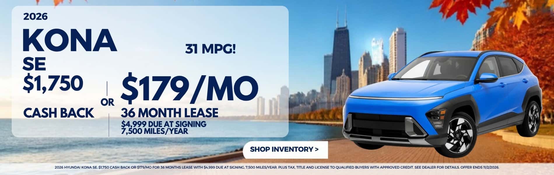 2026 Hyundai Kona SE - $1,750 cash back or $179/mo for 36 months lease at Webb Hyundai Merrillville