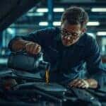 Technician pouring fresh oil into a Hyundai engine in a service garage