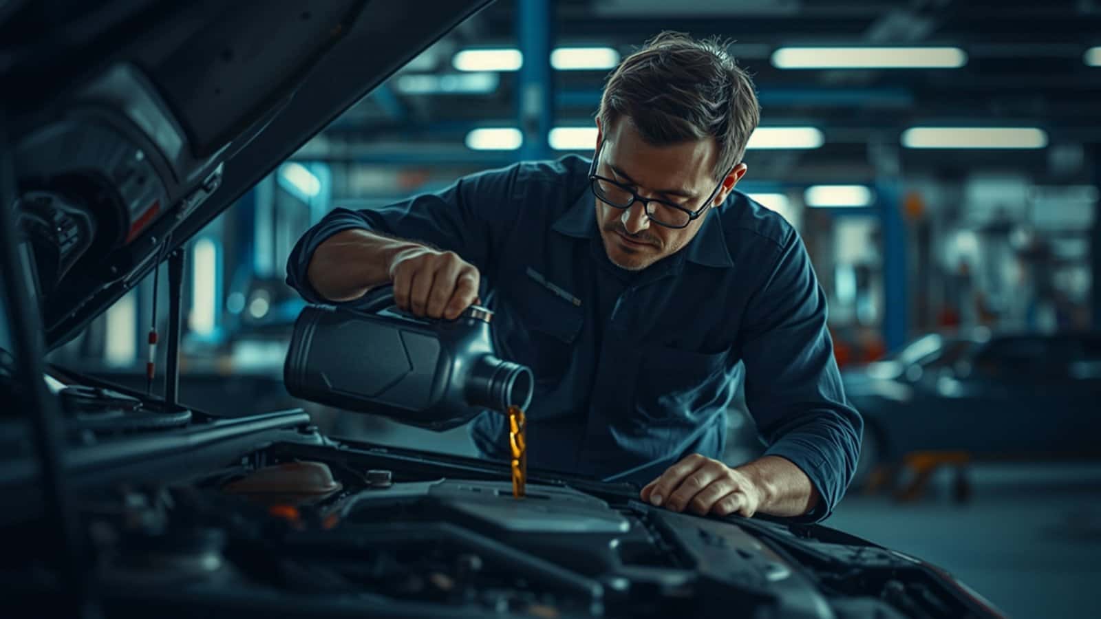 Technician pouring fresh oil into a Hyundai engine in a service garage