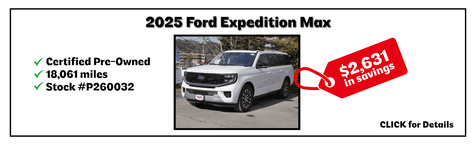 A white 2025 Ford Expedition Max with savings of $2,631.