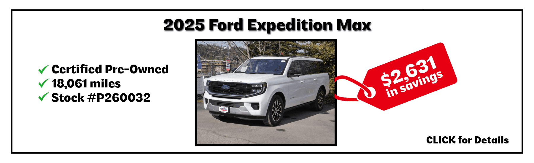 A white 2025 Ford Expedition Max with savings of $2,631.