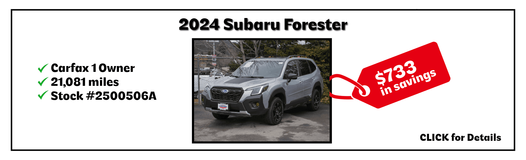 A silver 2024 Subaru Forester Wilderness with savings of $733.