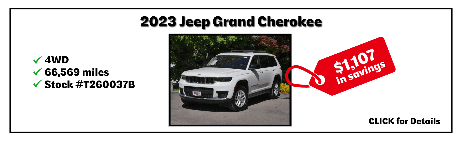 A white 2023 Jeep Grand Cherokee for sale with savings of $1,107.