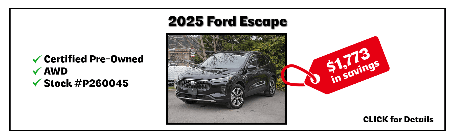 A black 2025 Ford Escape for sale with savings of $1,773.