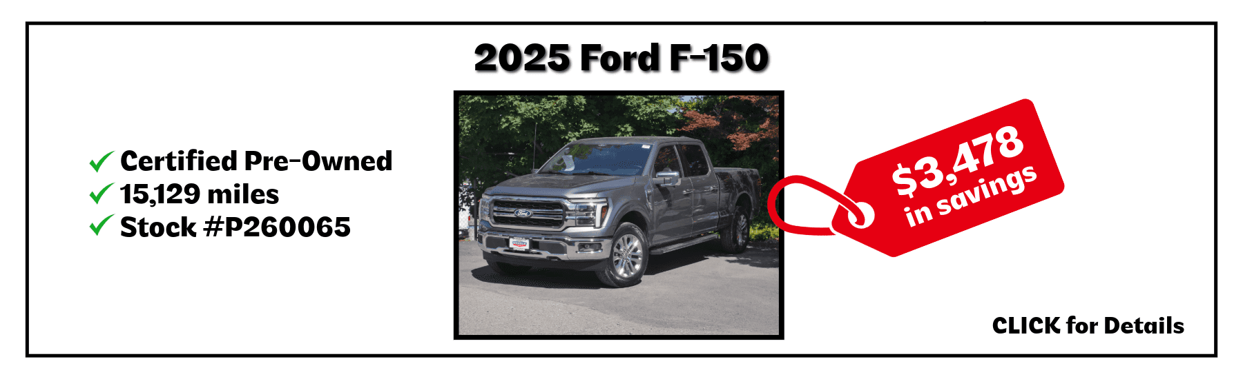 A gray 2025 Ford F-150 for sale with savings of $3,478
