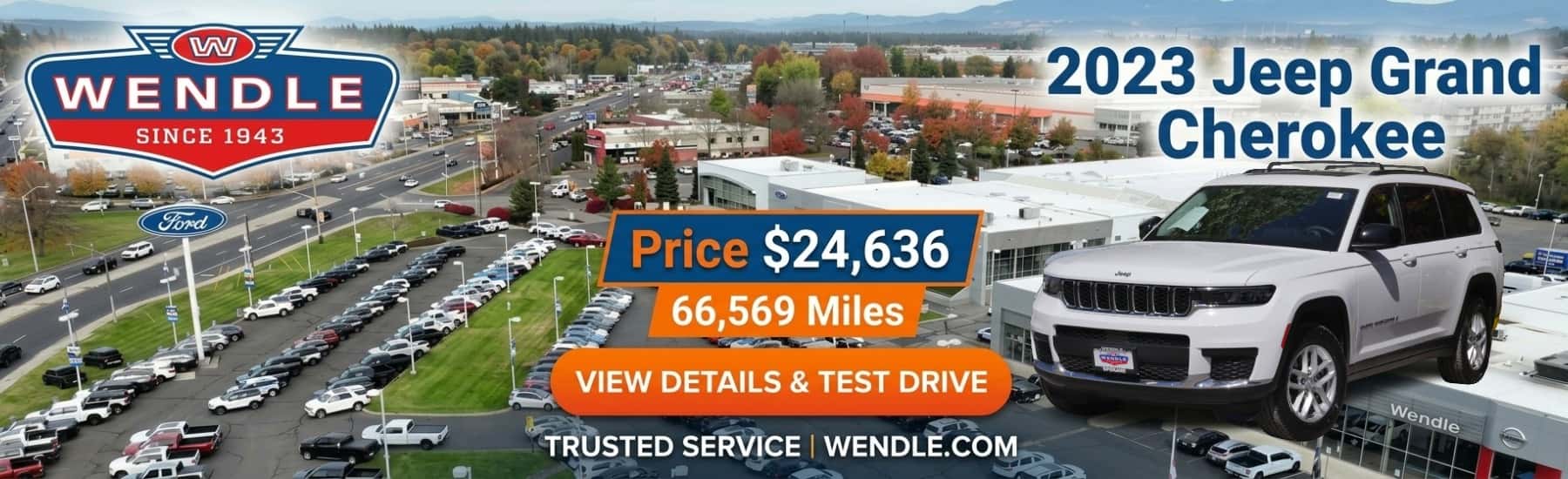 Wendle pre-owned graphic for a silver 2023 Jeep Grand Cherokee priced at $24,636 with 66,569 miles and dealership view.