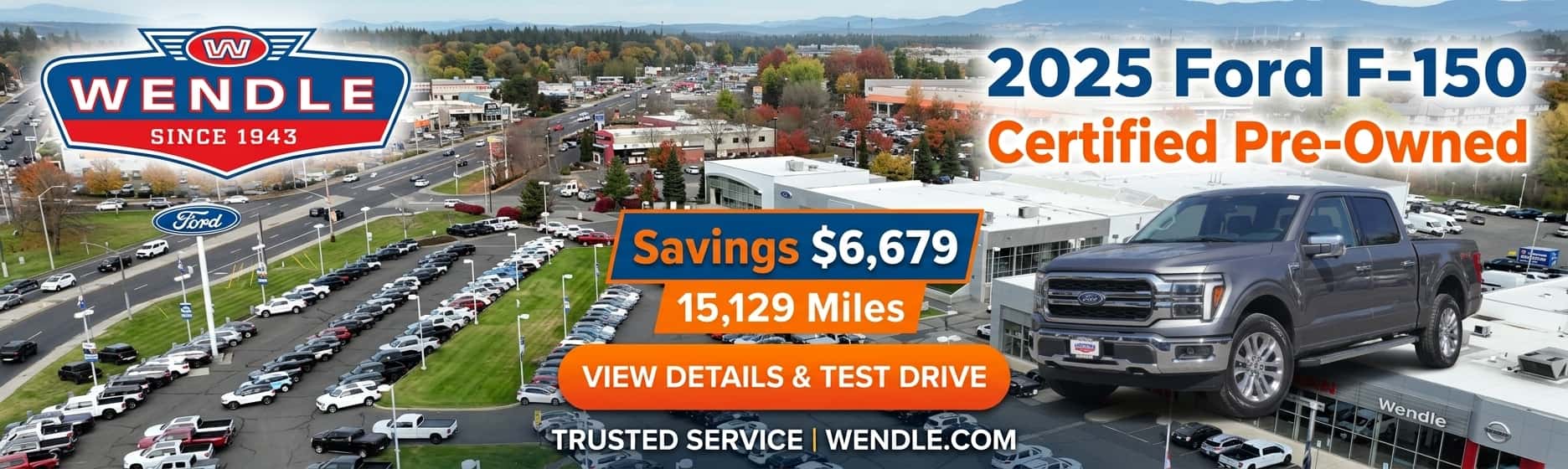 Wendle Certified Pre-Owned graphic for a gray 2025 Ford F-150 with $6,679 savings and 15,129 miles.