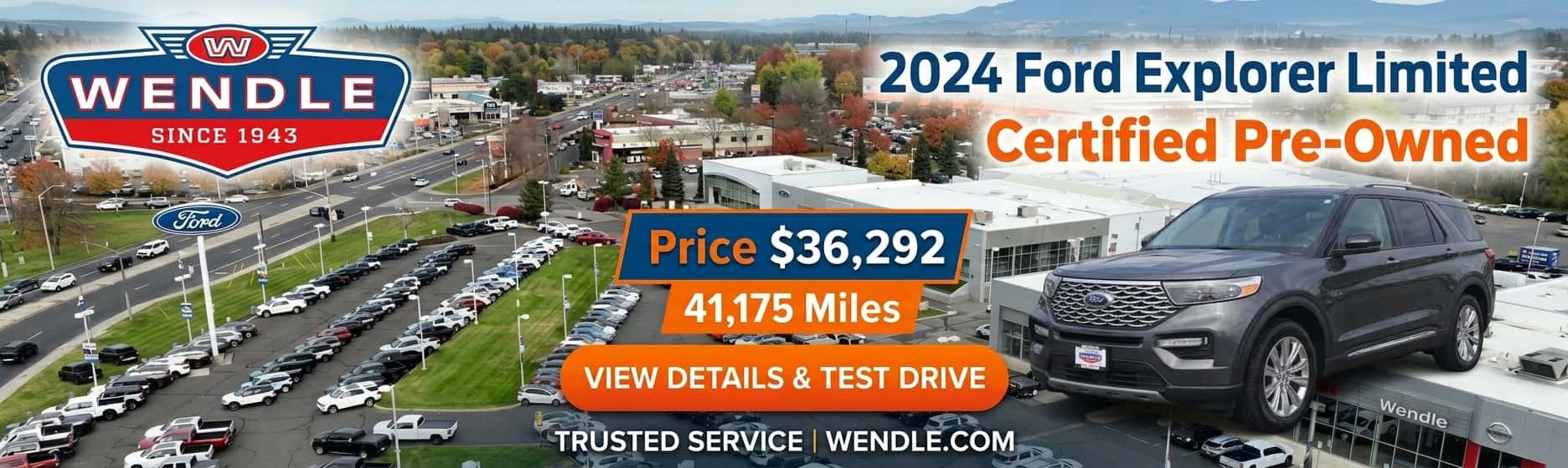 Wendle Certified Pre-Owned graphic for a gray 2024 Ford Explorer Limited priced at $36,292 with 41,175 miles.