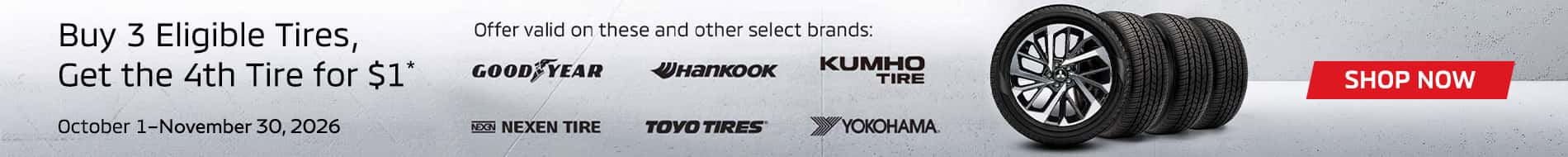 BUY 3 TIRES GET 1 for $1