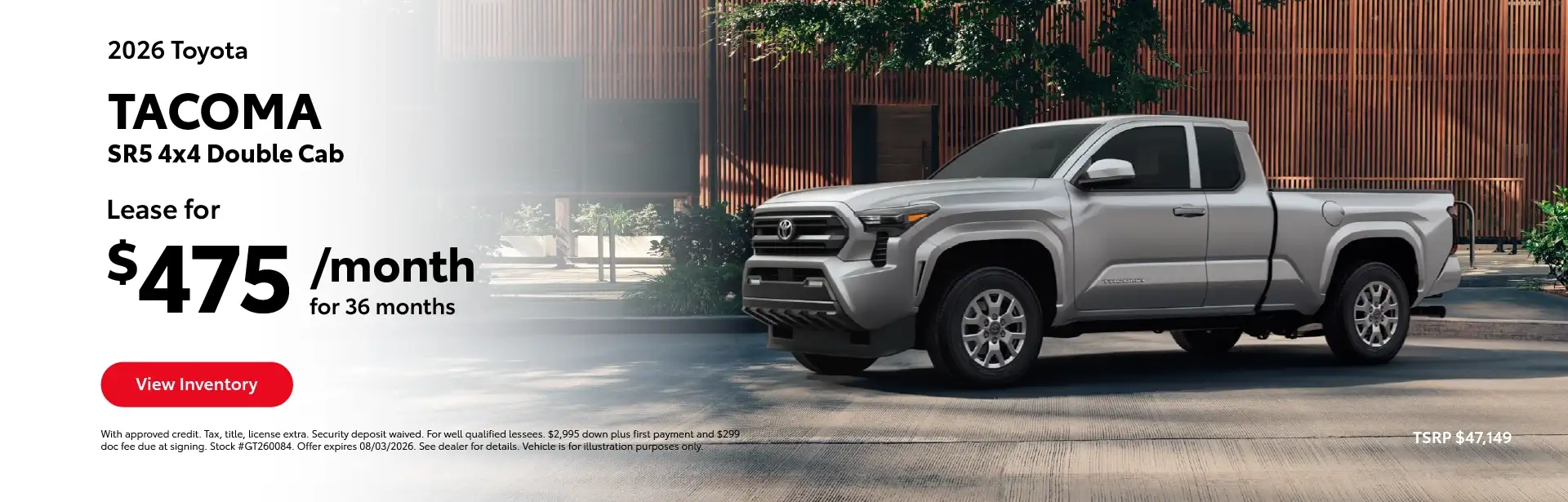 2026 Toyota Tacoma SR5 4x4 Double Cab - Lease for $475 Per Month