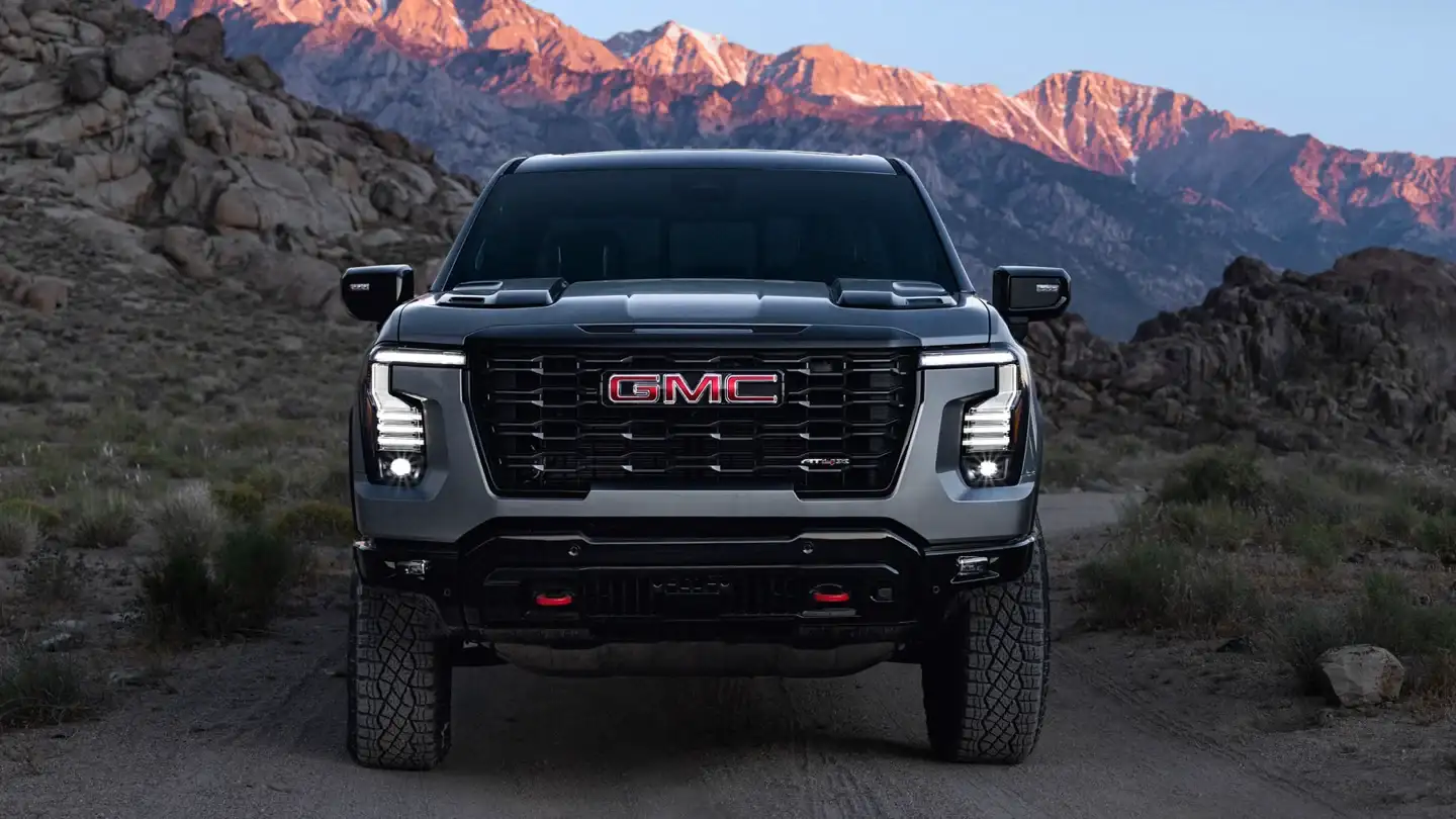 2027 GMC Sierra 1500 AT4X front view with 35 inch mud terrain tires