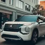 2026 Mitsubishi Outlander white SUV driving through city street with chrome grille and roof rails