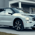 2026 Mitsubishi Outlander in white parked in the driveway outside a suburban home with a black roof.
