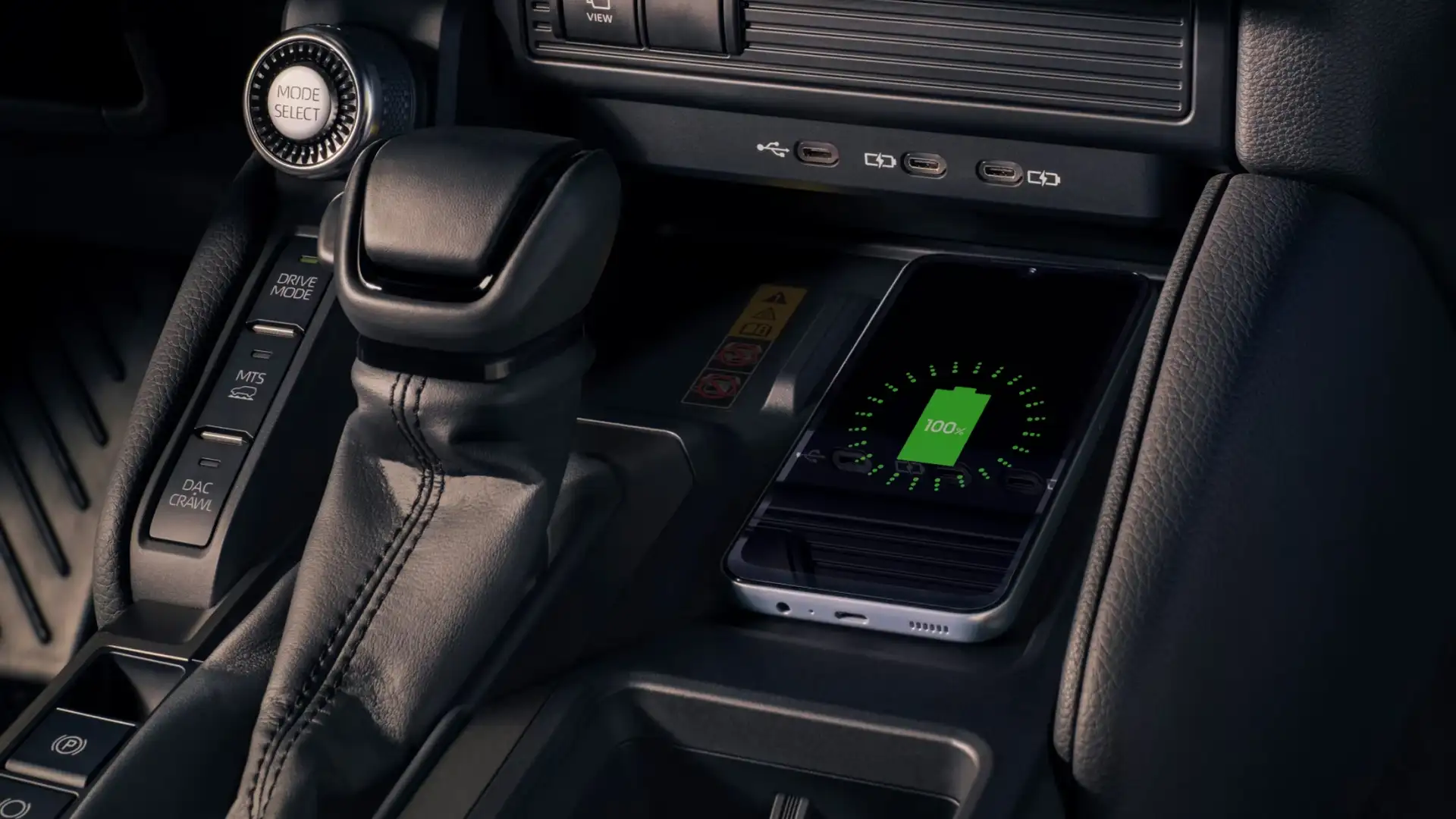 Close-up of the 2025 Toyota Land Cruiser gear shifter and drive mode controls highlighting advanced drivetrain engineering.