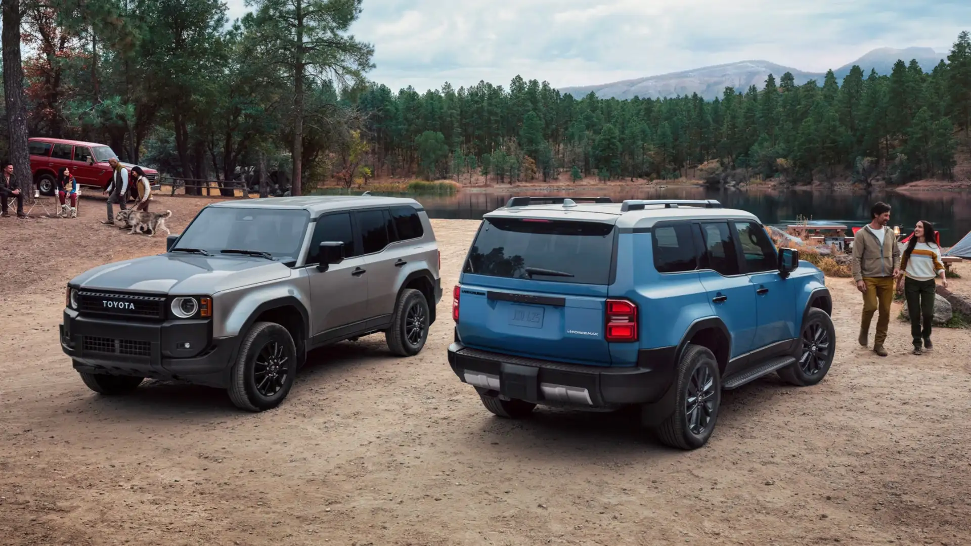Two Toyota Land Cruiser SUVs parked near a lakeside campsite, emphasizing space, durability, and family-friendly design in Hagerstown, MD.