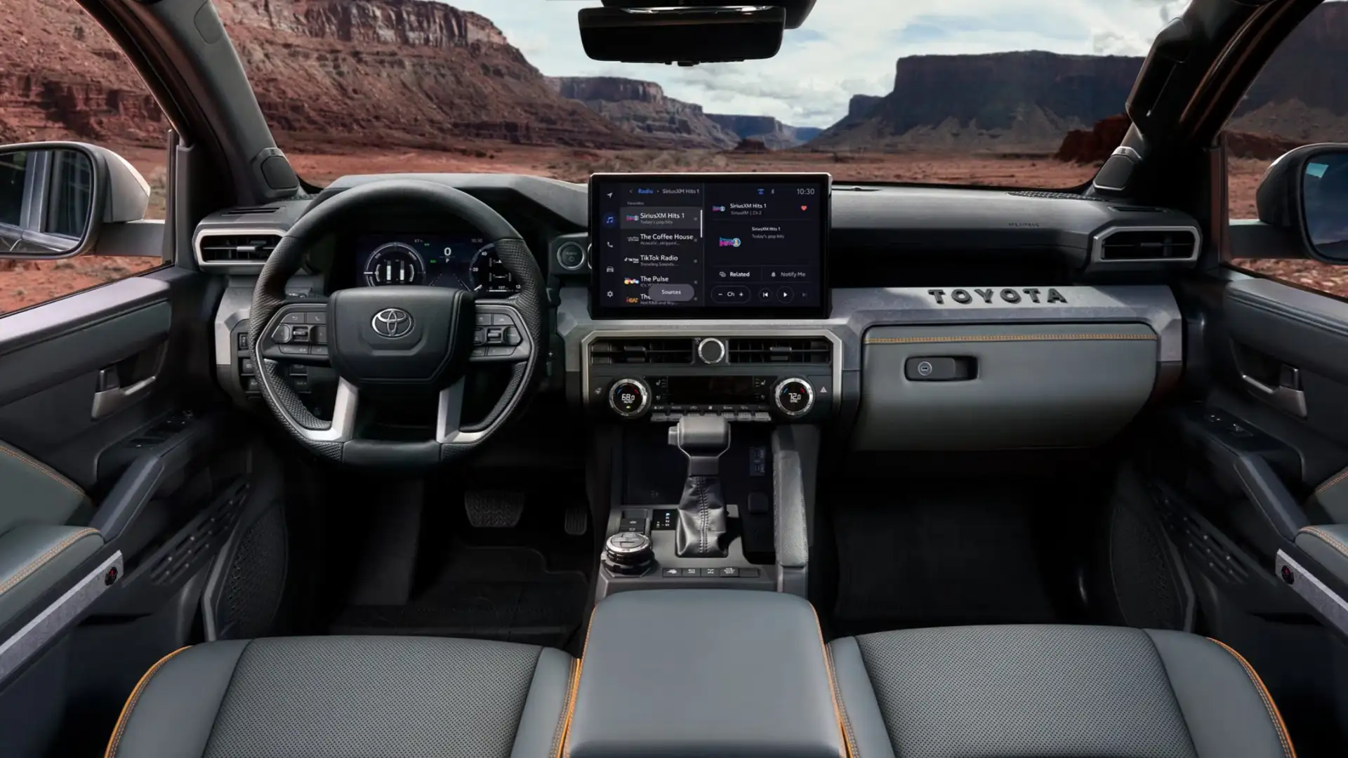 2025 Toyota Tacoma interior comfort and connectivity showcasing the front cabin with touchscreen infotainment, premium materials, and smart technology designed for everyday driving and outdoor trips.