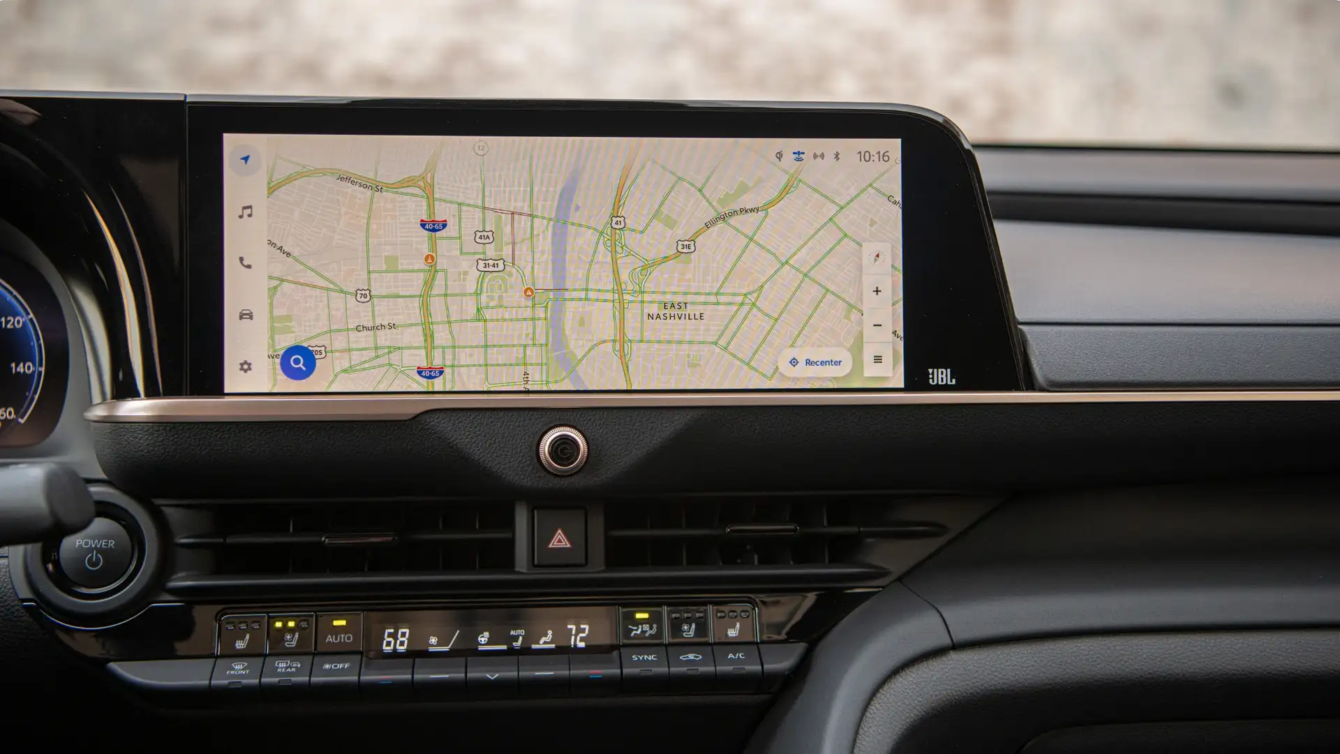 Close-up of the 2026 Toyota Crown infotainment display with navigation map, touchscreen controls, and connected multimedia features.