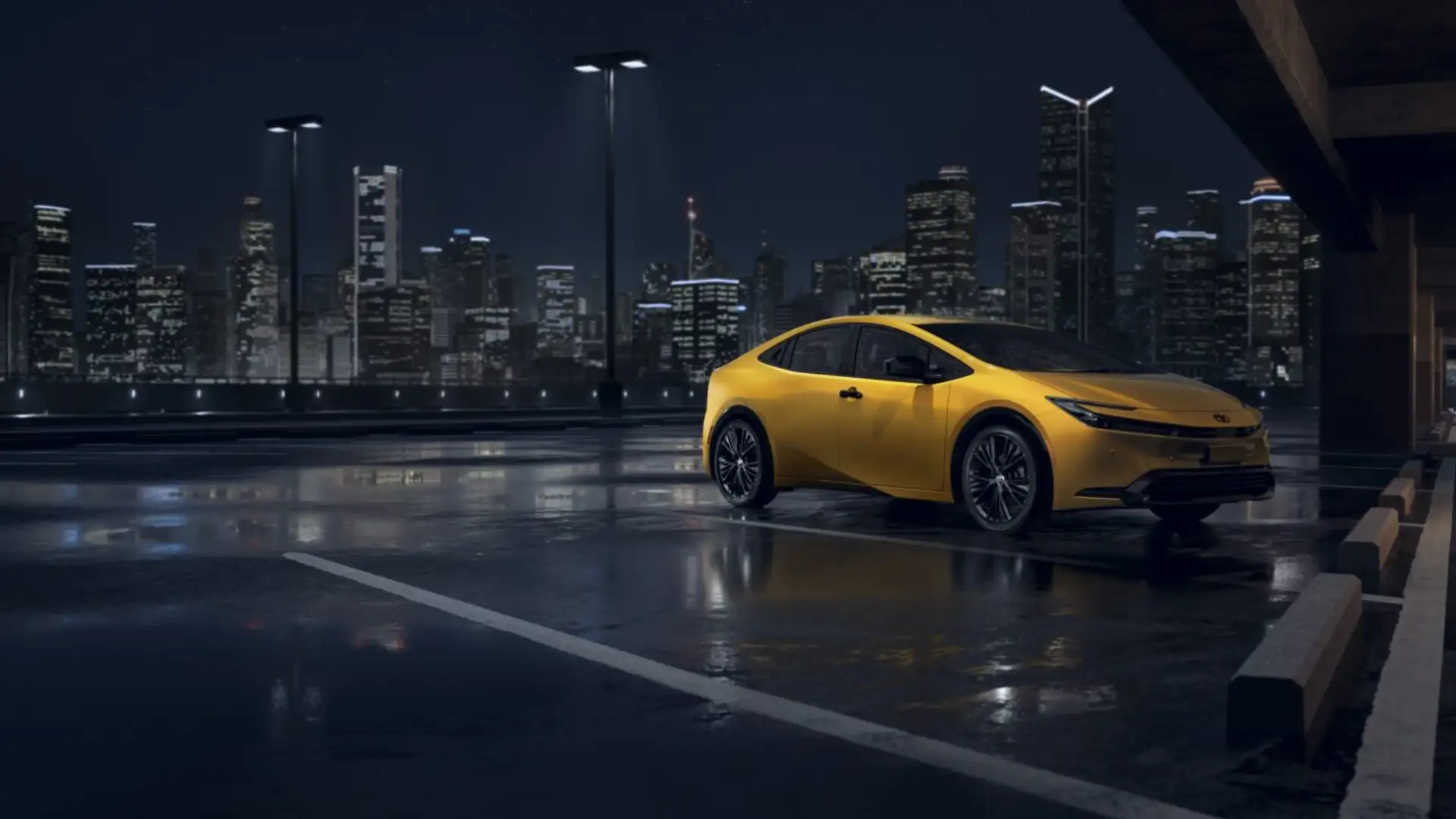 Yellow 2025 Toyota Prius parked in a city setting at night, showcasing sleek hybrid styling, modern lighting, and advanced technology features for Hagerstown, MD drivers.