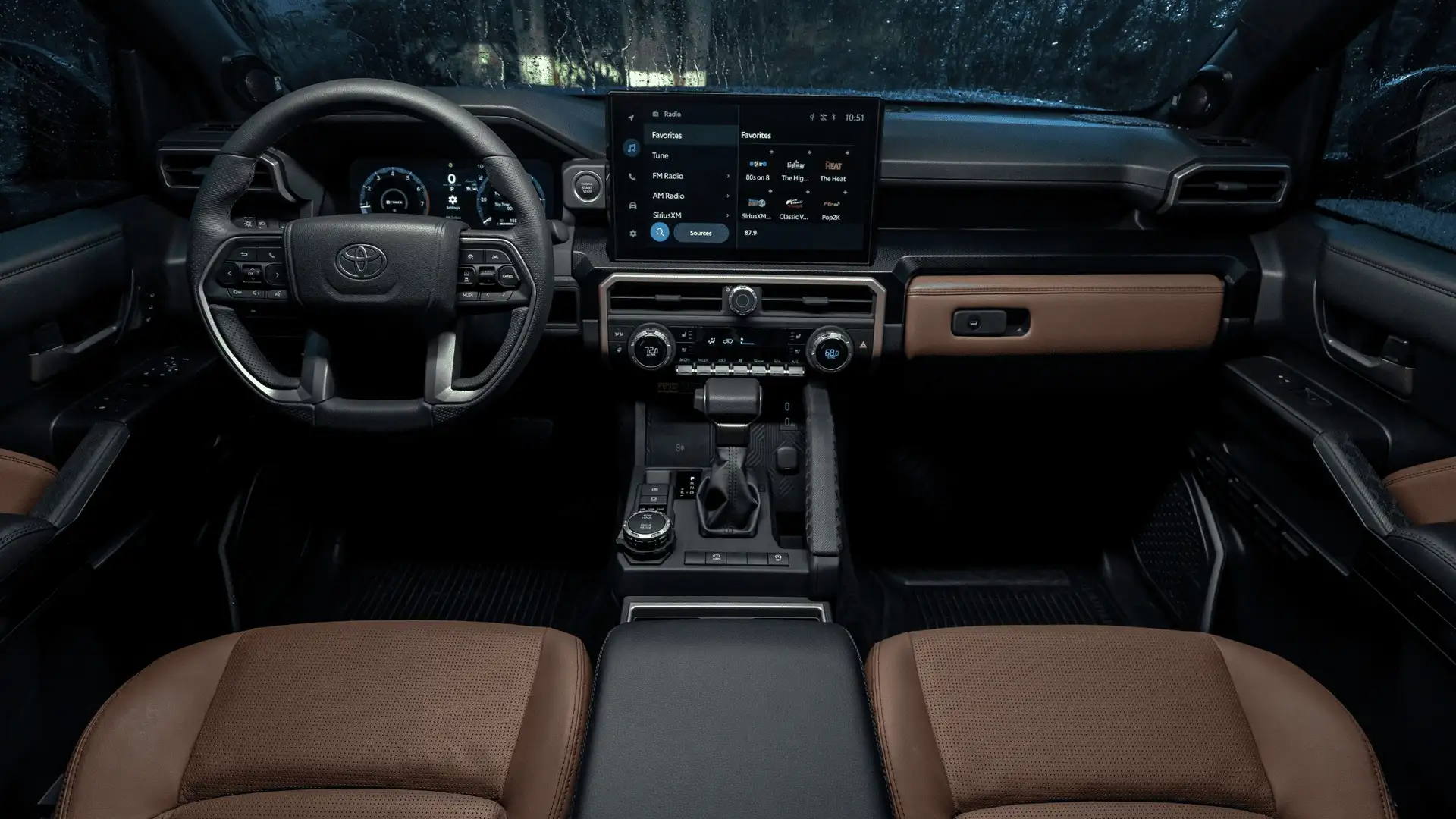 Interior dashboard of the 2026 Toyota 4Runner featuring digital instrumentation, large touchscreen multimedia system, and modern driver controls.