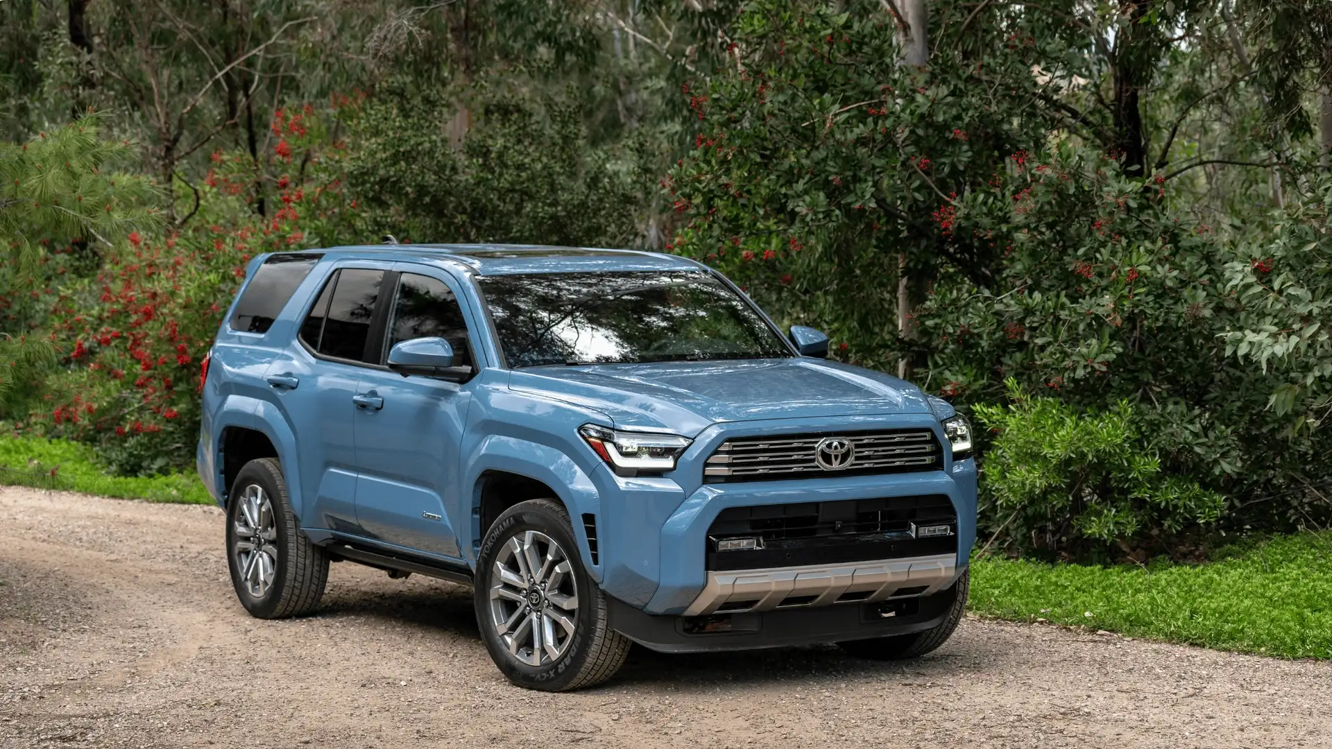 Blue 2026 Toyota 4Runner parked on a forest road near Hagerstown, MD, showing its updated SUV styling and durable off-road design.