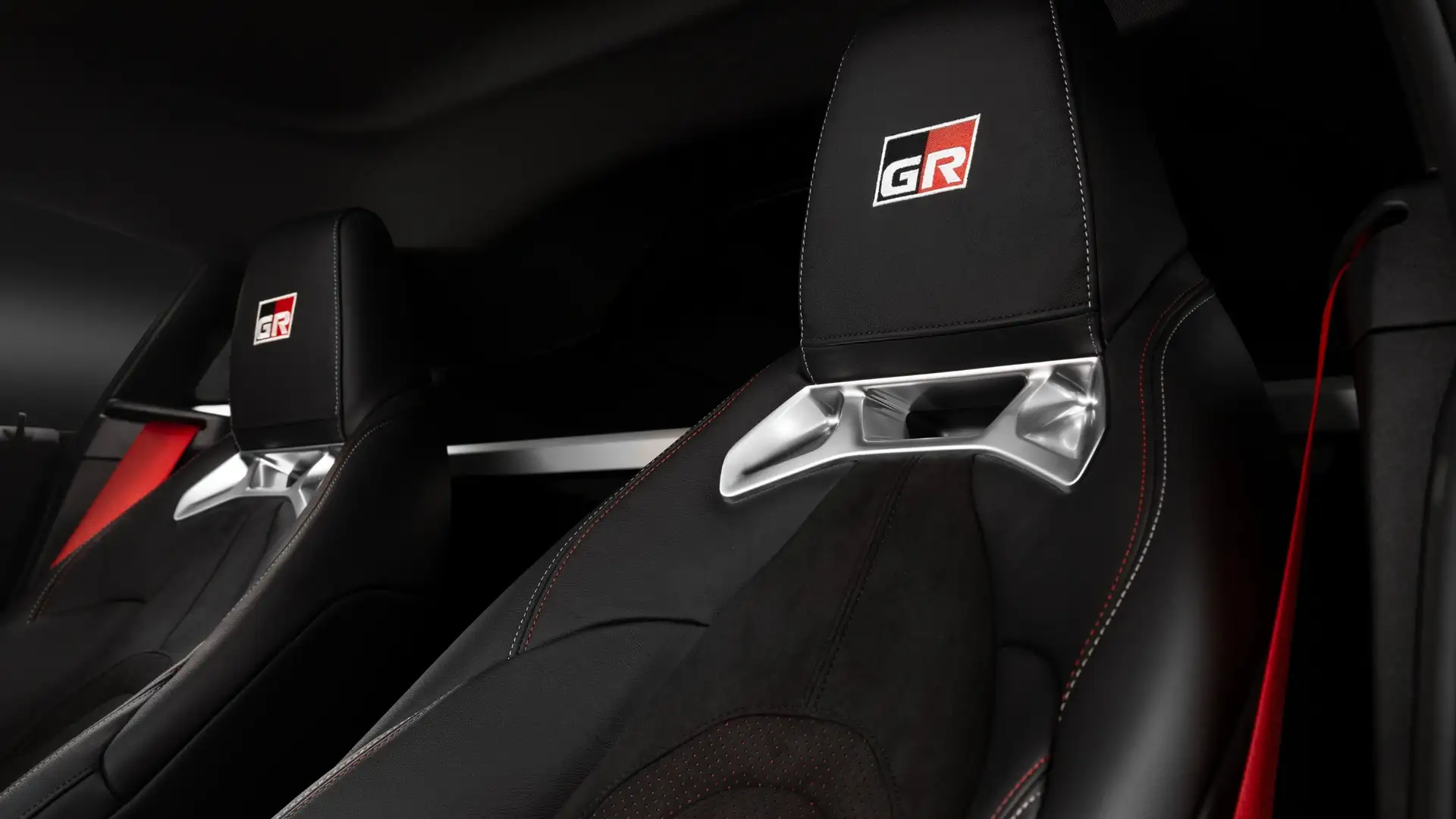 2026 Toyota GR Supra black red GR badged sport seats interior close-up view
