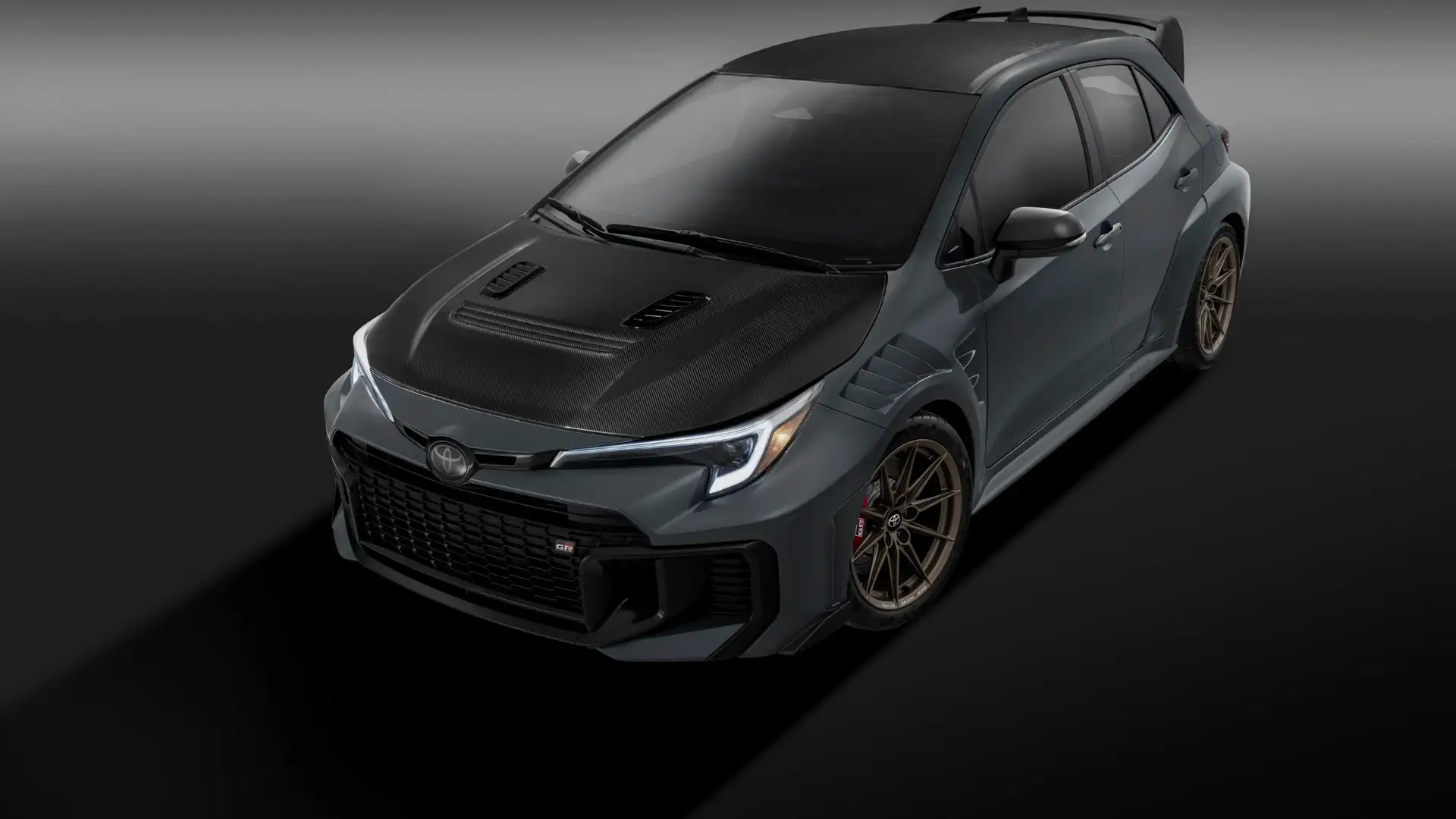 2026 Toyota GR Corolla gray carbon hood bronze wheels aerial view Hagerstown MD