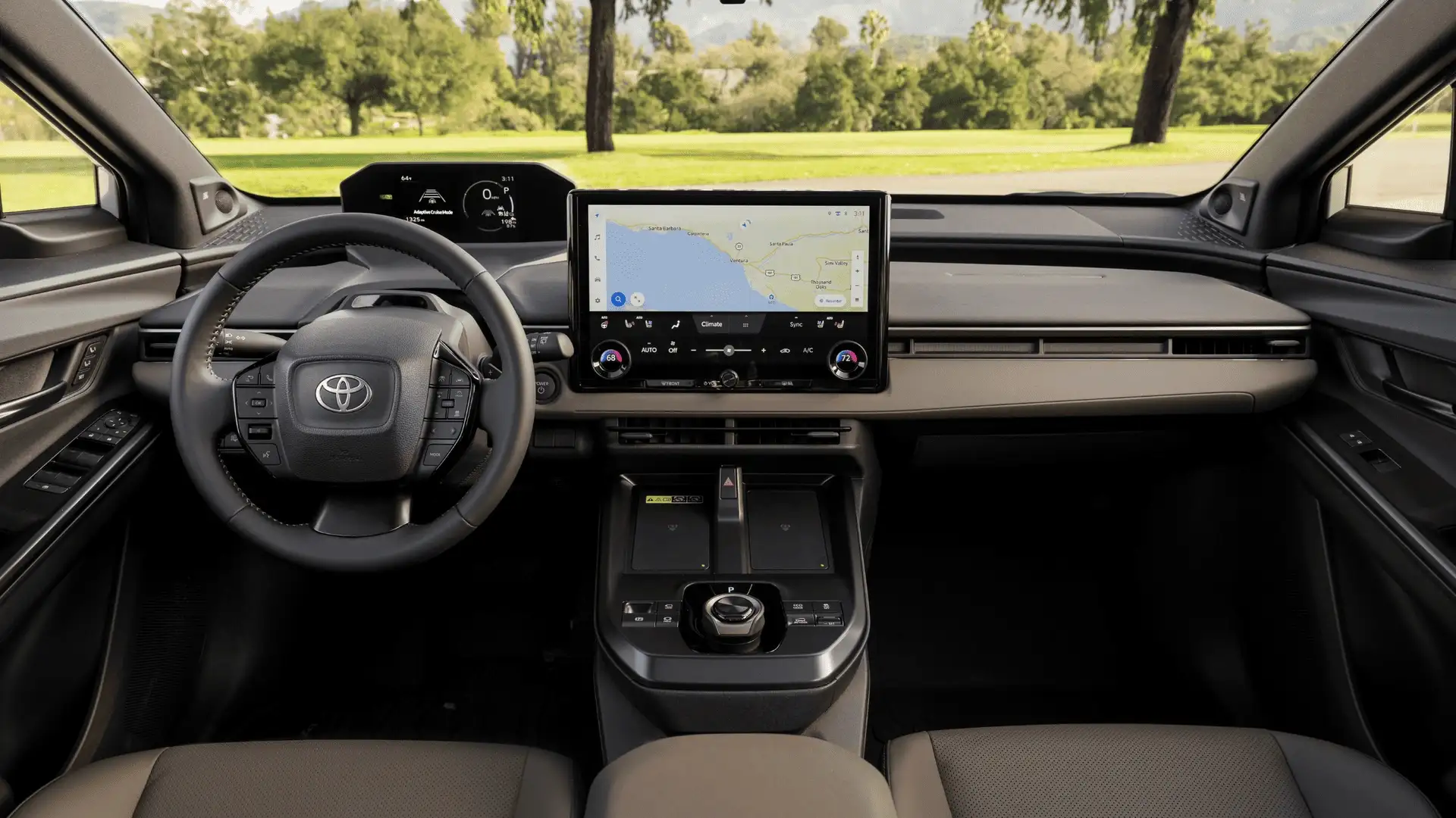 2026 Toyota bZ Woodland touchscreen infotainment and digital cluster dashboard view