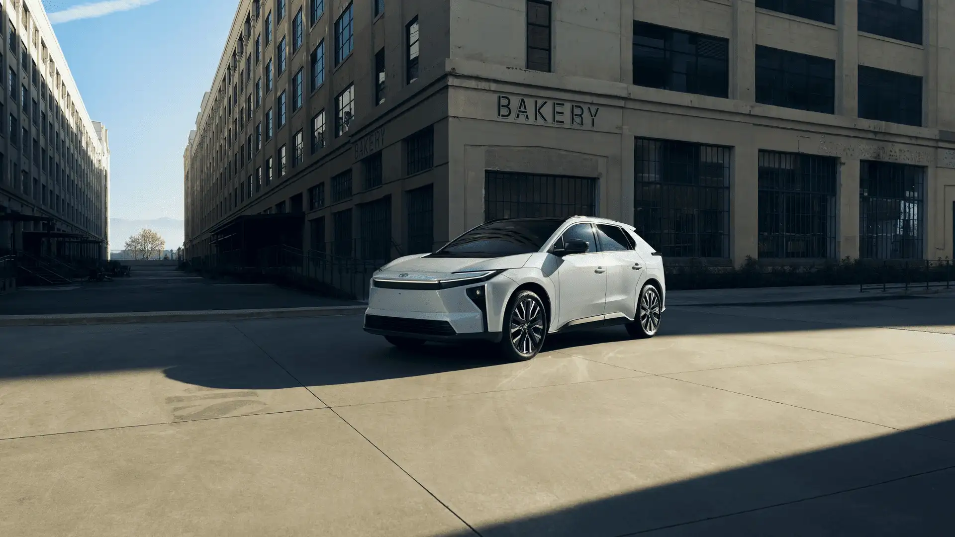 2026 Toyota bZ white electric SUV exterior parked in urban setting in Hagerstown MD