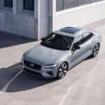 2025 Volvo S60® sedan overhead front three-quarter view in silver with panoramic sunroof